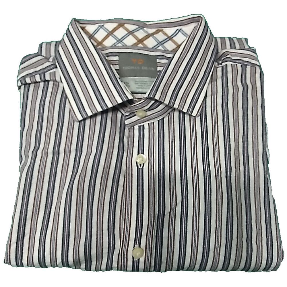 Thomas Dean TD Men's Size XXL Long Sleeve Striped Shirt Button Up Purple Blue
